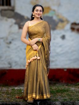 I LOVE SAREES - Mustard Tissue Silk Gold Zari Border Saree with Unstitched Blouse