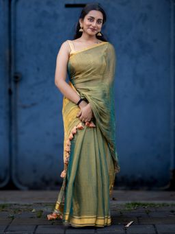 I LOVE SAREES - Green Tissue Silk Gold Zari Border Saree with Unstitched Blouse
