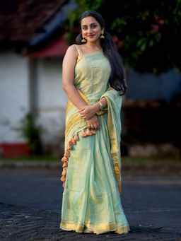 I LOVE SAREES - Mint Green Tissue Silk Gold Zari Border Saree with Unstitched Blouse