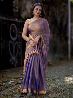 I LOVE SAREES - Navy Blue Tissue Silk Gold Zari Border Saree with Unstitched Blouse