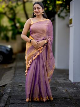 I LOVE SAREES - Purple Tissue Silk Gold Zari Border Saree with Unstitched Blouse