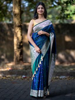 I LOVE SAREES - Emerald Blue Pure Banarasi Silk Silver Zari Saree with Unstitched Blouse
