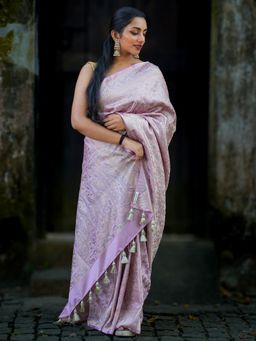I LOVE SAREES - Purple Pure Banarasi Silk Silver Zari Saree with Unstitched Blouse