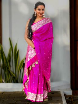 I LOVE SAREES - Fuchsia Pink Pure Banarasi Silk Silver Zari Saree with Unstitched Blouse