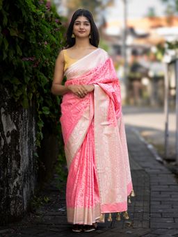 I LOVE SAREES - Rose Pink Pure Banarasi Silk Silver Zari Saree with Unstitched Blouse