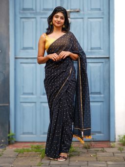 I LOVE SAREES - Black Gold Polka Dot Cotton Saree Without Blouse