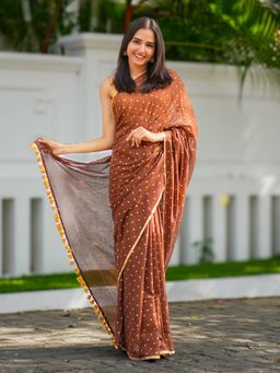 I LOVE SAREES - Chocolate Brown Gold Polka Dot Cotton Saree Without Blouse