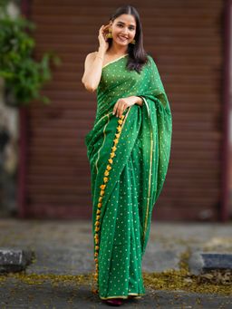 I LOVE SAREES - Forest Green Gold Block Print Cotton Saree Without Blouse