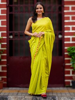 I LOVE SAREES - Olive Green Gold Polka Dot Cotton Saree Without Blouse