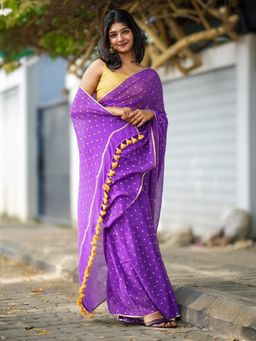 I LOVE SAREES - Royal Purple Gold Block Print Cotton Saree Without Blouse