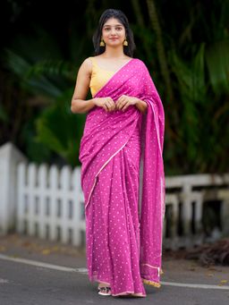 I LOVE SAREES - Magenta Purple Gold Polka Dot Cotton Saree Without Blouse