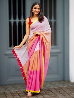 I LOVE SAREES - Blush Pink Cotton Border Saree Without Blouse