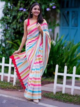 I LOVE SAREES - Pastel Striped Cotton Saree Without Blouse