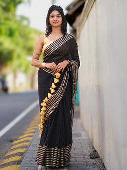 I LOVE SAREES - Black Handloom Cotton Zari Saree Without Blouse
