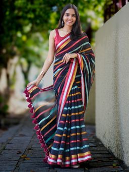 I LOVE SAREES - Black Multicolour Zari Striped Cotton Saree Without Blouse