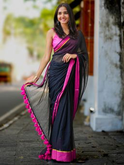 I LOVE SAREES - Black Magenta Zari Cotton Saree Without Blouse
