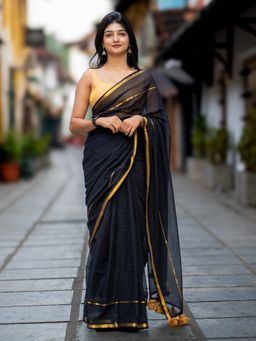I LOVE SAREES - Black Gold Zari Cotton Saree Without Blouse