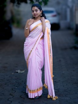 I LOVE SAREES - Baby Pink Cotton Zari Saree Without Blouse