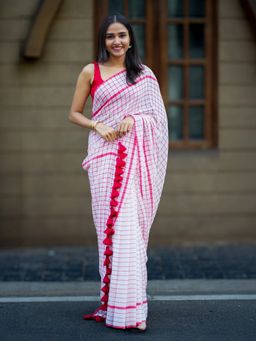 I LOVE SAREES - White Red Checked Cotton Saree Without Blouse