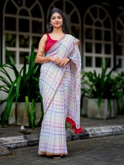 I LOVE SAREES - Multicolour Checked Cotton Saree Without Blouse