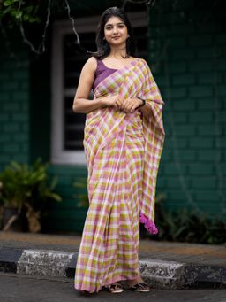 I LOVE SAREES - Pastel Checked Cotton Saree Without Blouse