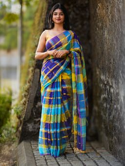 I LOVE SAREES - Indigo Checked Cotton Zari Saree Without Blouse