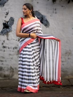 I LOVE SAREES - Grey Red Border Striped Cotton Saree Without Blouse