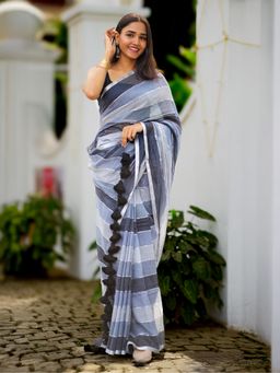 I LOVE SAREES - Grey Striped Cotton Zari Saree Without Blouse