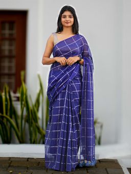 I LOVE SAREES - Indigo Checked Cotton Zari Saree Without Blouse