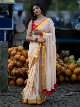 I LOVE SAREES - Ivory Cotton Kerala Gold Zari Saree Without Blouse