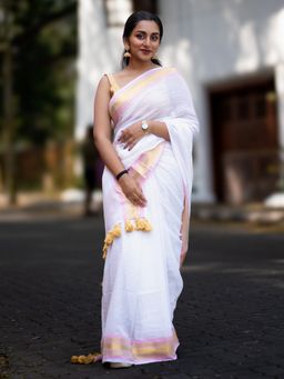 I LOVE SAREES - White Cotton Blush Pink Zari Saree Without Blouse