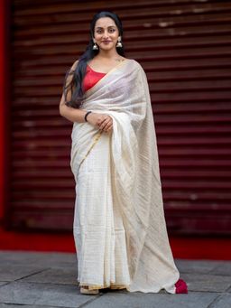 I LOVE SAREES - Ivory Gold Pinstriped Cotton Saree Without Blouse