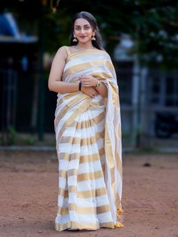 I LOVE SAREES - Ivory Gold Striped Cotton Zari Saree Without Blouse