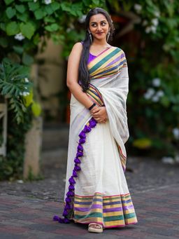 I LOVE SAREES - Ivory Multicolour Zari Striped Cotton Saree Without Blouse