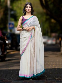 I LOVE SAREES - Off White Dual Border Cotton Saree Without Blouse