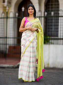 I LOVE SAREES - Green Checked Cotton Saree Without Blouse