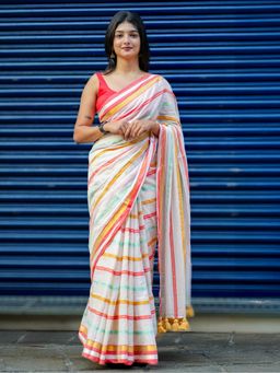 I LOVE SAREES - Multicolour Striped Cotton Zari Saree Without Blouse