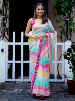 I LOVE SAREES - Multicolour Pastel Striped Cotton Saree Without Blouse