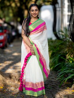 I LOVE SAREES - White Multicolour Striped Cotton Zari Saree Without Blouse