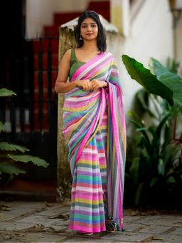I LOVE SAREES - Multicolour Striped Cotton Saree Without Blouse