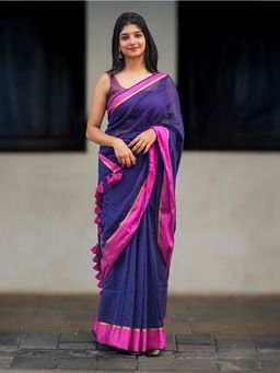 I LOVE SAREES - Navy Blue Cotton Pink Zari Saree Without Blouse