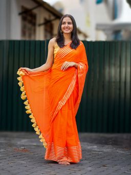 I LOVE SAREES - Orange Gold Zari Cotton Saree Without Blouse