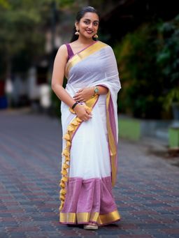 I LOVE SAREES - Purple Cotton Gold Zari Saree Without Blouse