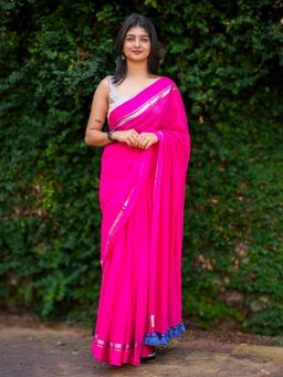 I LOVE SAREES - Rani Pink Cotton Silver Zari Saree Without Blouse