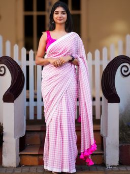 I LOVE SAREES - Blush Pink Checked Cotton Saree Without Blouse