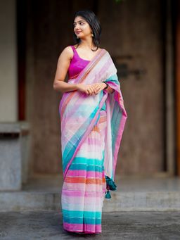 I LOVE SAREES - Multicolour Pastel Striped Cotton Saree Without Blouse