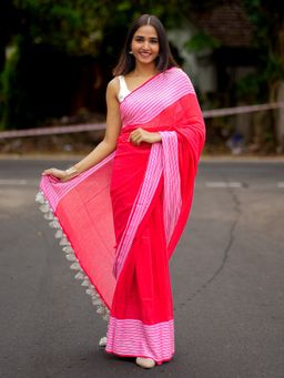 I LOVE SAREES - Red Striped Cotton Saree Without Blouse