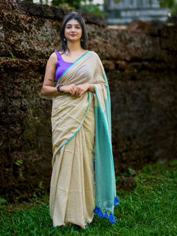 I LOVE SAREES - Beige Teal Border Cotton Saree Without Blouse