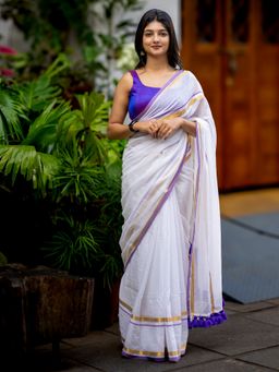 I LOVE SAREES - White Cotton Purple Zari Saree Without Blouse