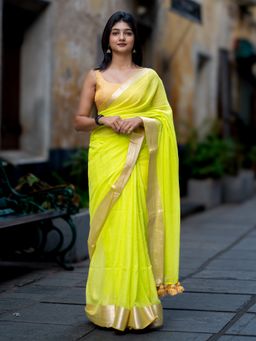 I LOVE SAREES - Lime Green Cotton Zari Saree Without Blouse